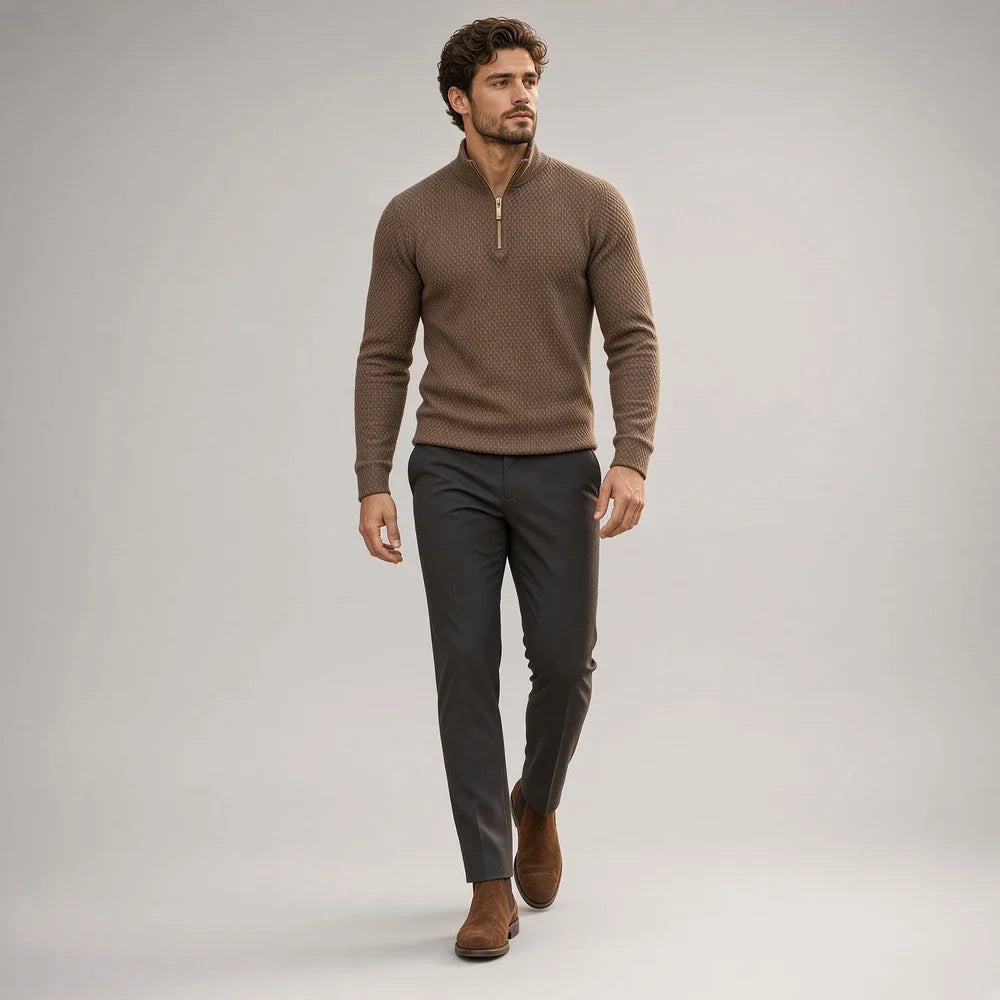 CHEKK Grid-Patterned Half-Zip Sweater