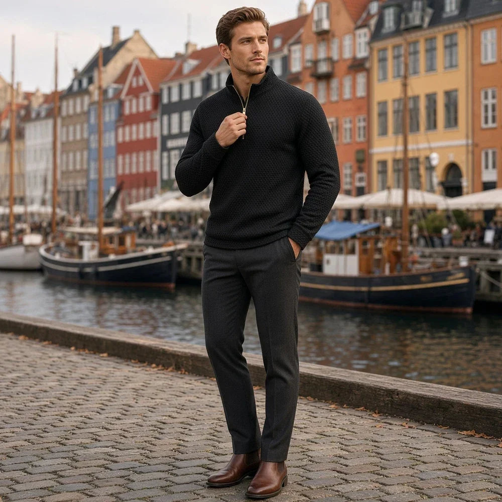 CHEKK Grid-Patterned Half-Zip Sweater