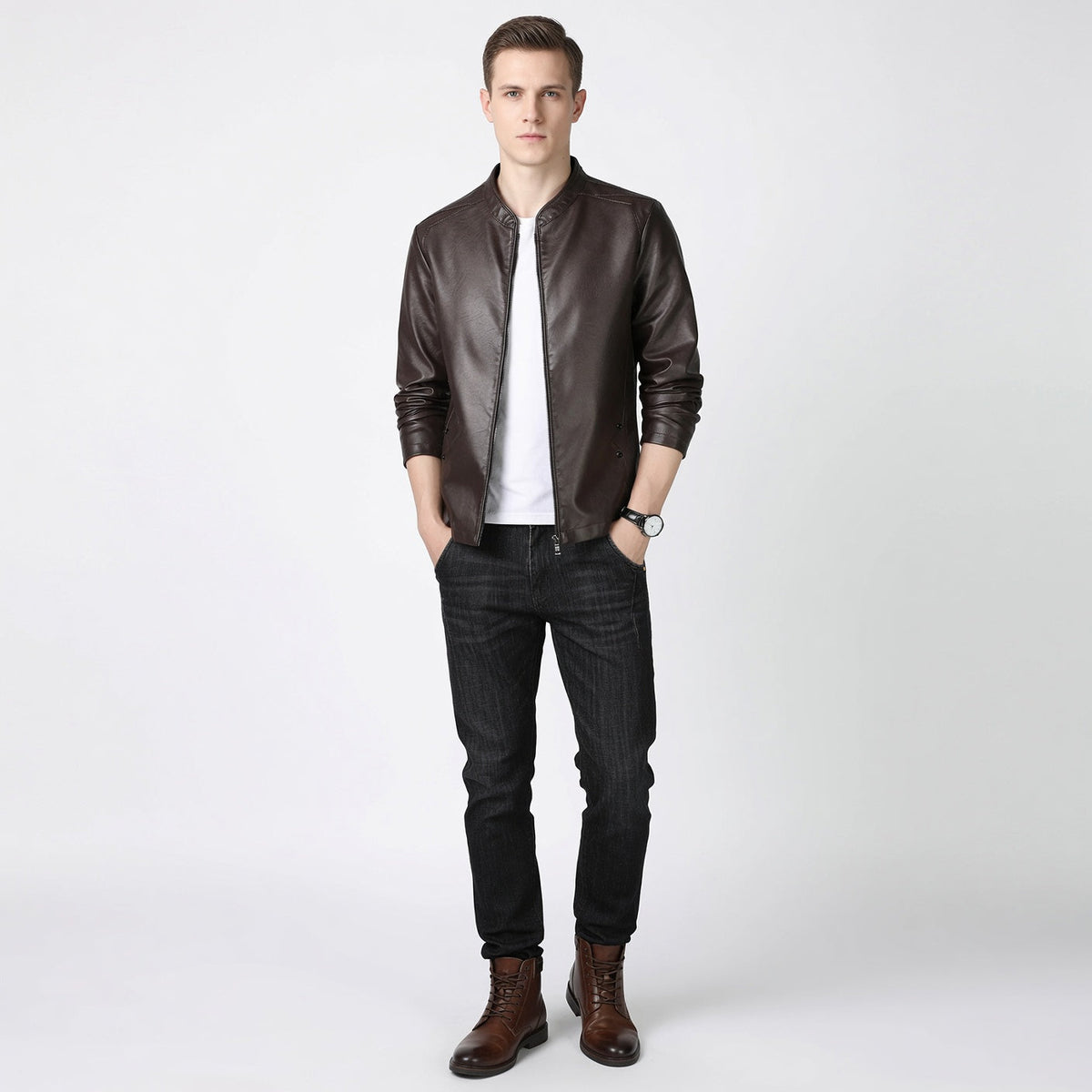 JACE Stand Collar Faux Leather Jacket