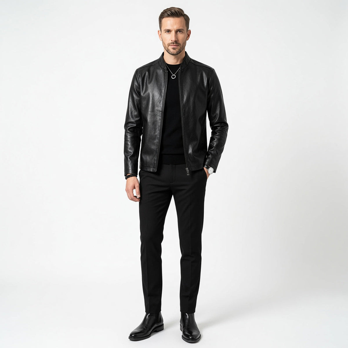 JACE Stand Collar Faux Leather Jacket