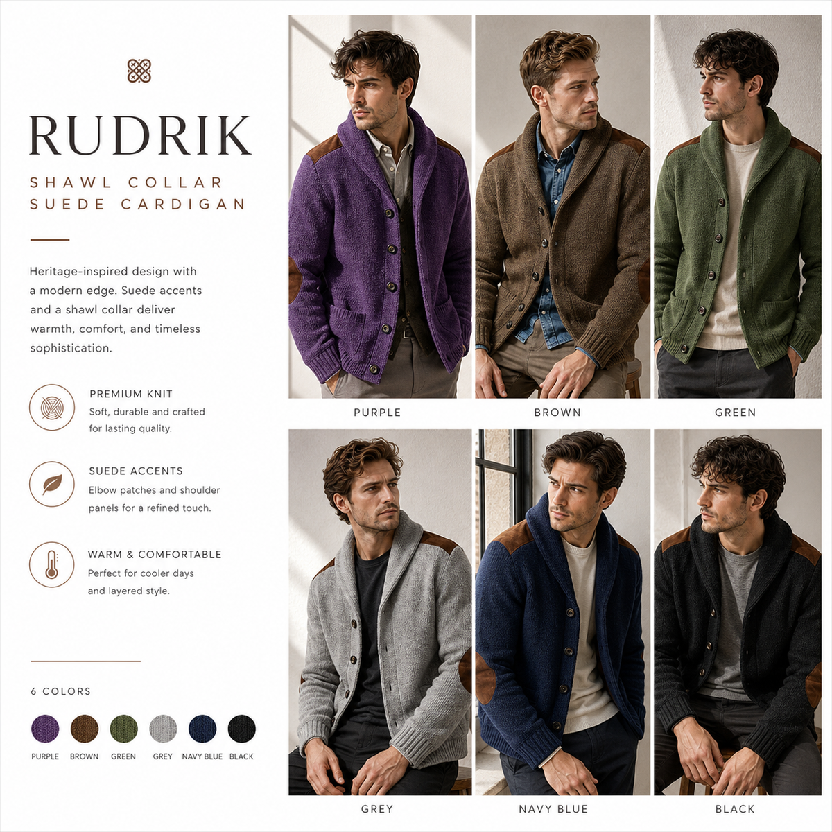 RUDRIK Shawl Collar Suede Cardigan