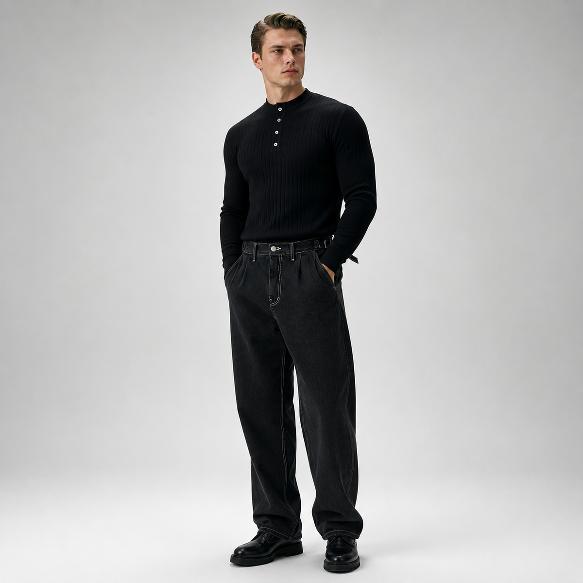 RUXUS Premium Stripe Henley Collar Longsleeve