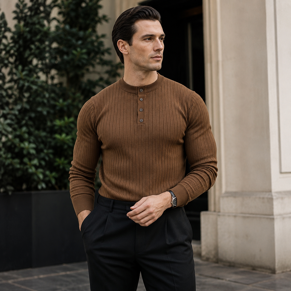 RUXUS Premium Stripe Henley Collar Longsleeve