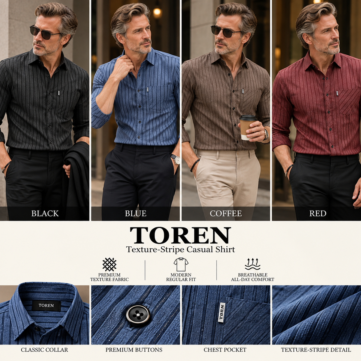 TOREN Texture-Stripe Casual Shirt