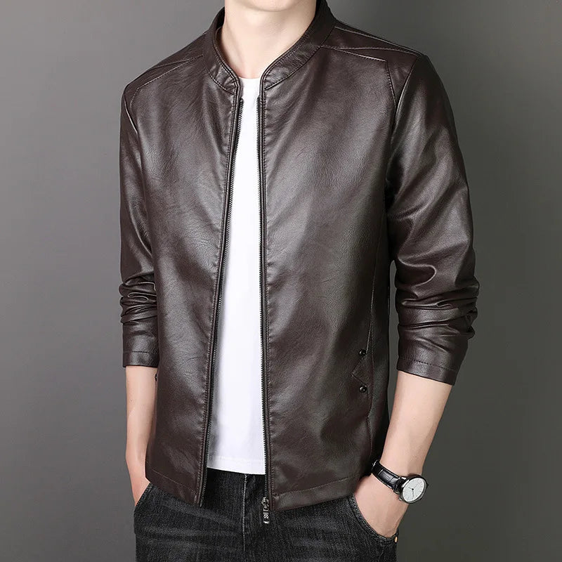 JACE Stand Collar Faux Leather Jacket